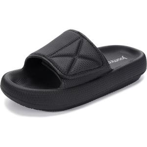 Joomra Slides for Women and Men Recovery Pillow Slippers Diabetic Sandals | Adjustable Strap | Dual Cushioned Thick Sole(Adjustable | Black)