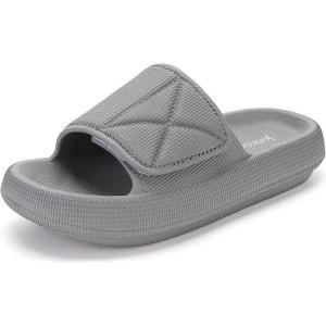 Joomra Slides for Women and Men Recovery Pillow Slippers Diabetic Sandals | Adjustable Strap | Dual Cushioned Thick Sole(Adjustable | Grey)